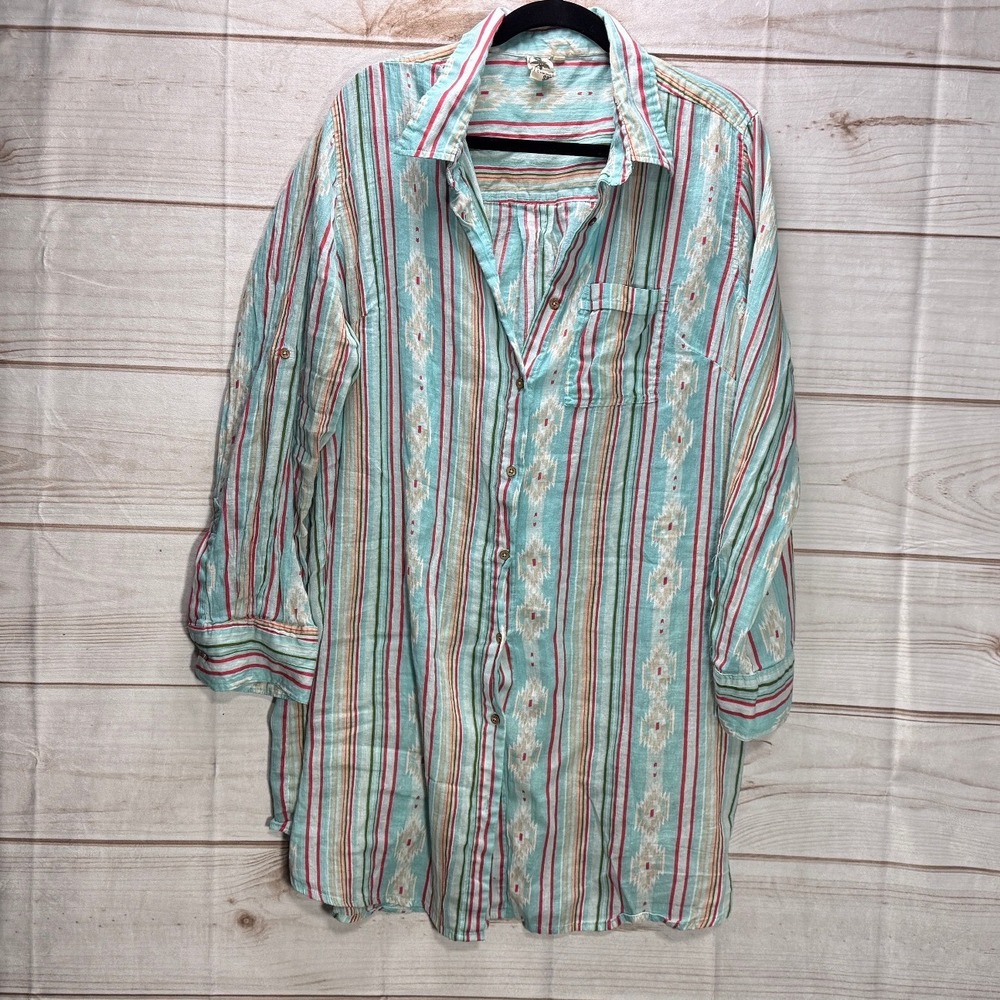 Violet Sky Womens 2X Turquoise Southwestern Stripe Button Down Tunic Shirt